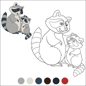 Coloring page with example. Mother raccoon stands with her little cute baby and smiles.