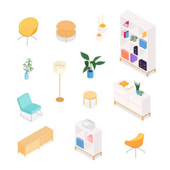 Set of isometric furniture and accessories. Vector collection. Illustration in flat design.
