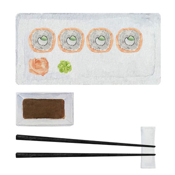 Watercolor sushi set with salmon uramaki, wasabi and ginger with chopsticks on plate