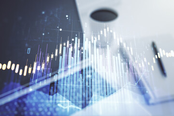 Multi exposure of abstract financial diagram on computer background, banking and accounting concept