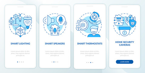 Smart home gadgets blue onboarding mobile app screen. Thermostats walkthrough 4 steps graphic instructions pages with linear concepts. UI, UX, GUI template. Myriad Pro-Bold, Regular fonts used