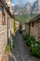 view of traditional architecture with stone buildings and in the picturesque village of papigo , zagori Greece