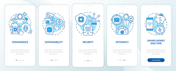 Smart technologies benefits blue onboarding mobile app screen. Security walkthrough 5 steps graphic instructions pages with linear concepts. UI, UX, GUI template. Myriad Pro-Bold, Regular fonts used