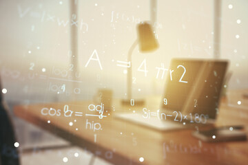 Double exposure of creative scientific formula concept on laptop background, research and...