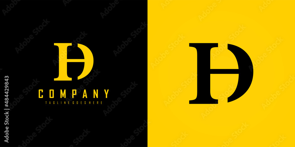 Poster initial letter h and d logo. yellow and black shape linked letter isolated on double background. use