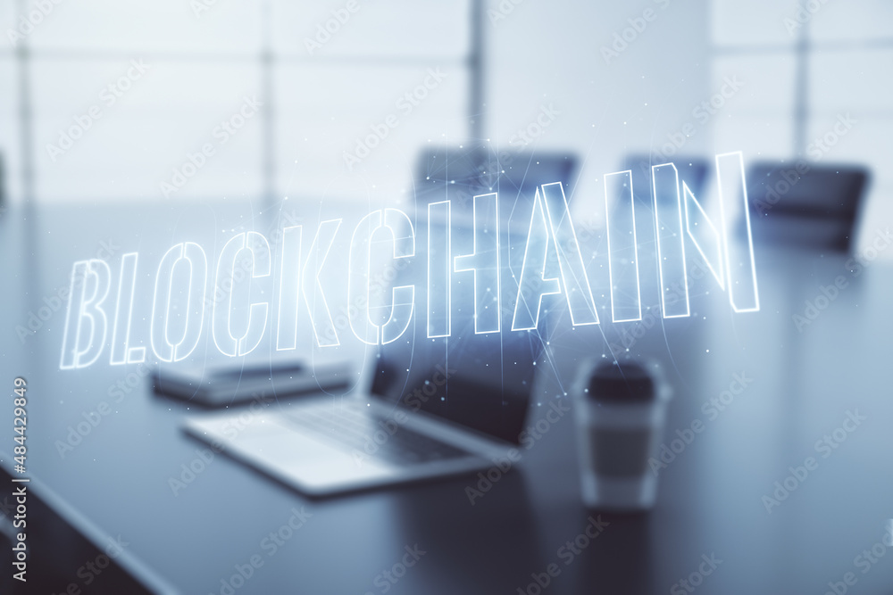 Poster double exposure of blockchain technology hologram on laptop background. research and development dec