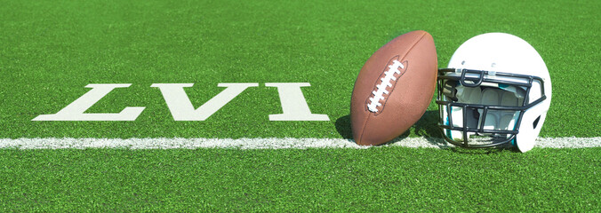 American Football helmet and ball on field with yard lines .