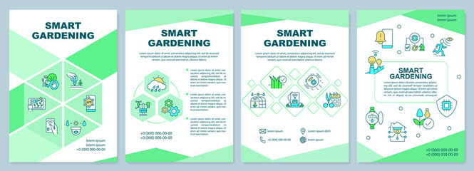 Smart gardening green brochure template. Automated systems. Leaflet design with linear icons. 4 vector layouts for presentation, annual reports. Arial-Black, Myriad Pro-Regular fonts used