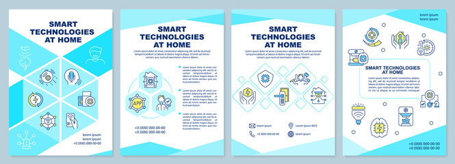 Fototapeta na wymiar Smart technologies at home turquoise brochure template. Gadgets control. Leaflet design with linear icons. 4 vector layouts for presentation, annual reports. Arial-Black, Myriad Pro-Regular fonts used