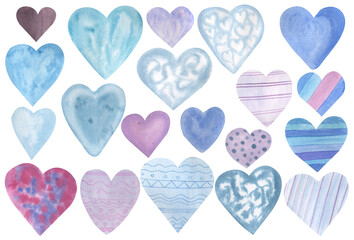 Set of watercolor blue hearts