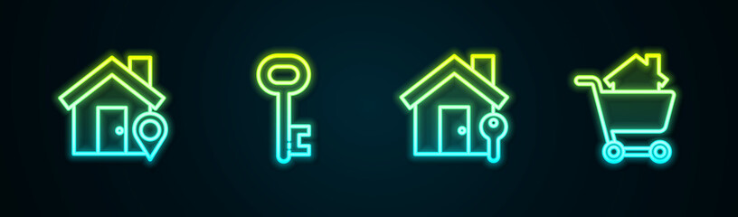 Set line Location with house, House key, and Shopping cart. Glowing neon icon. Vector