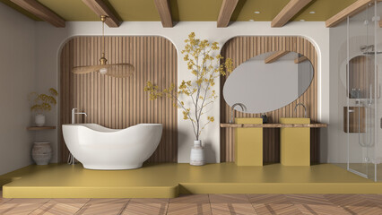Modern creative yellow and wooden bathroom, open space with parquet and concrete floor. Roof beams, shower, free standing bathtub, double sink, mirror, decors. Interior design concept