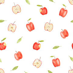 Seamless pattern with apples and leaves. Summer watercolor hand-drawn texture on white background