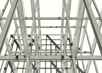 steel structure of iron beams, site under construction metal structure, new building, energy efficiency and building renovation concept, 3D illustration, 3D rendering