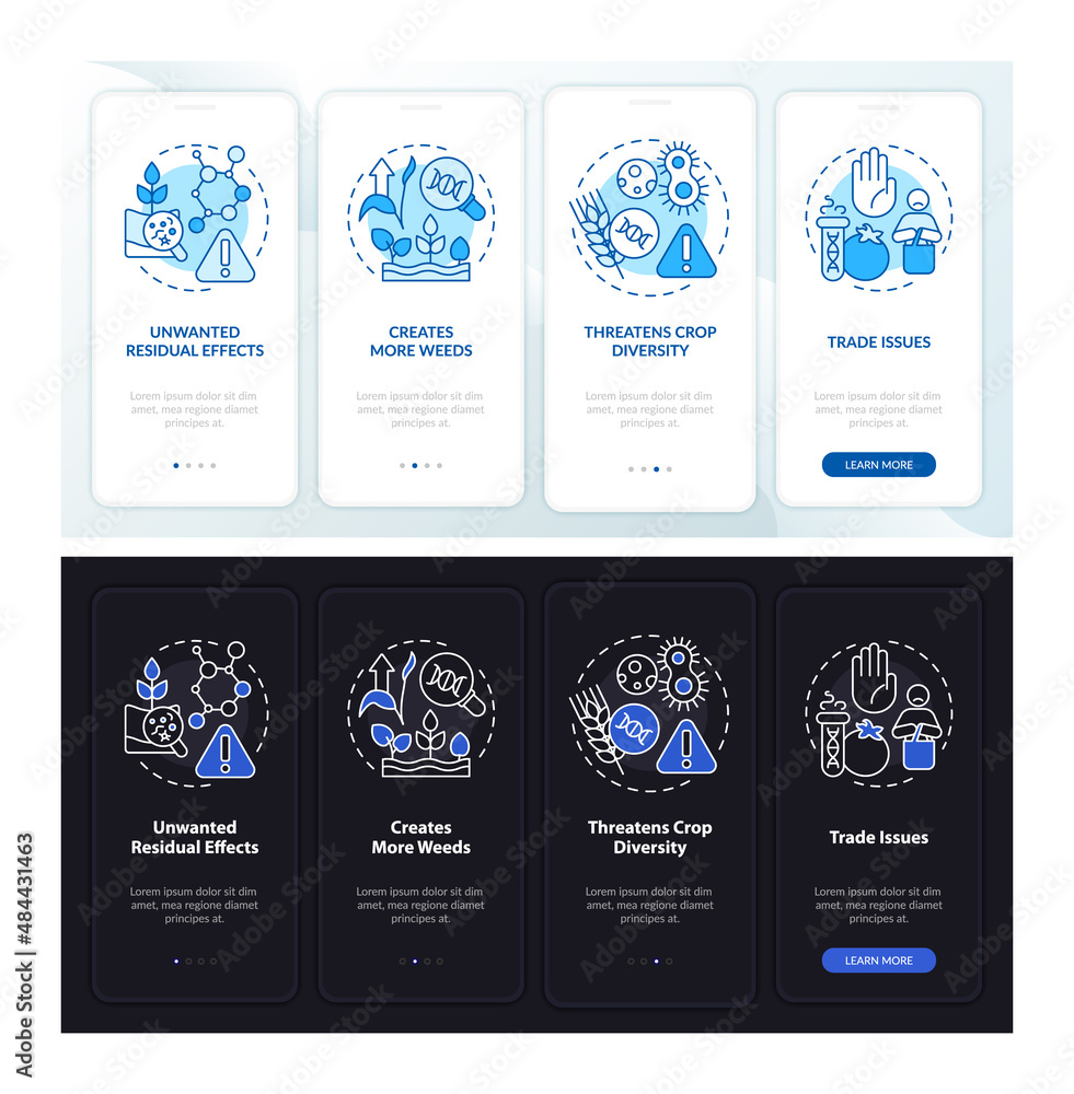 Poster advantages of gmo night and day mode onboarding mobile app screen. walkthrough 4 steps graphic instr