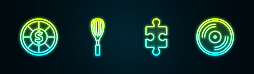 Set line Casino chips, Kitchen whisk, Piece of puzzle and Vinyl disk. Glowing neon icon. Vector