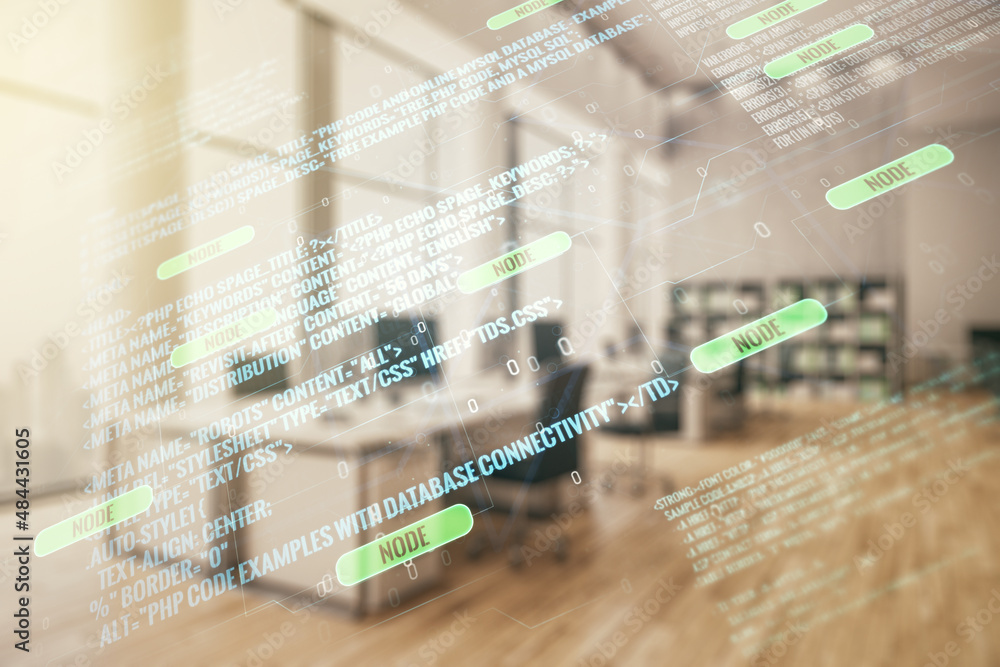 Fototapete double exposure of abstract programming language interface on modern corporate office background, re