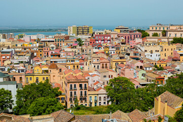 City landscape of colorful old Cagliari, Sardinia, Italy