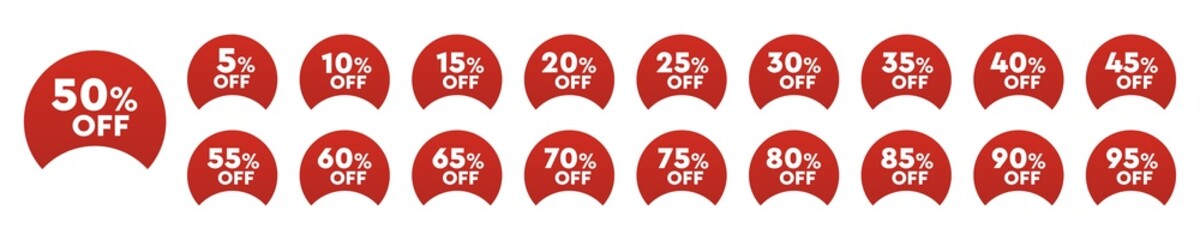 Discount stickers with different percentage off. Discount from 5% off to 95% off. Vector sale badge collection isolated on white