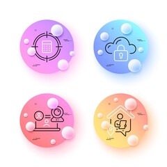 Calculator target, Cloud protection and Work home minimal line icons. 3d spheres or balls buttons. Video conference icons. For web, application, printing. Vector
