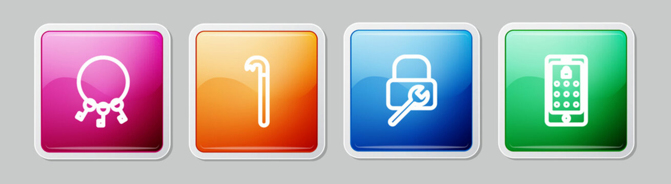 Set line Bunch of keys, Crowbar, Lock repair and Mobile and graphic password. Colorful square button. Vector
