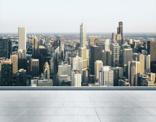 Fototapeta na wymiar Empty concrete rooftop on the background of a beautiful Chicago city skyline at daytime, mock up