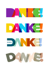 Set of colored lettering THANK you! Collection of Danke inscriptions. For design and decoration, web, branding, cover, banner, label. language German. Vector illustration. Isolated on white background