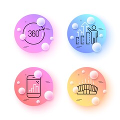 Arena stadium, Graph phone and Full rotation minimal line icons. 3d spheres or balls buttons. Employee results icons. For web, application, printing. Vector