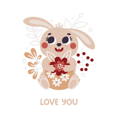 Cute vector Easter cards with funny bunny, spring flower, plants, leaves, branches and quote Love You in trendy boho colors