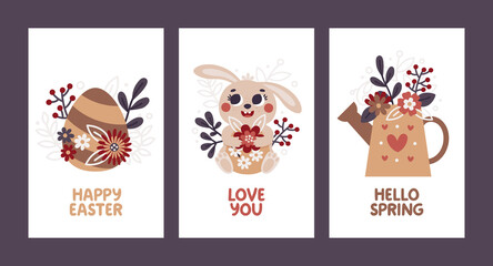 Cute vector Easter cards with funny bunny, eggs, watering can, floral compositions, plants, leaves, flowers. Hello Easter greeting cards in boho style