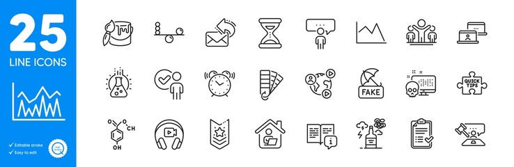 Outline icons set. Share mail, Video conference and Work home icons. Judge hammer, Line chart, Alcohol addiction web elements. Chemical formula, Headphones, Consulting business signs. Vector