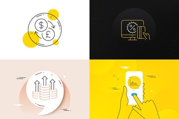 Minimal set of Investment graph, Budget and Currency exchange line icons. Phone screen, Quote banners. Online shopping icons. For web development. Vector