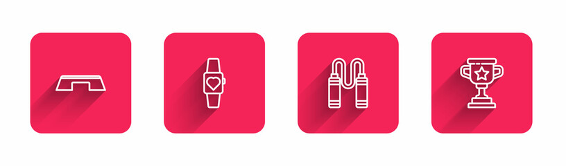 Set line Step platform, Smartwatch, Jump rope and Award cup with long shadow. Red square button. Vector