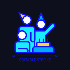 Time to celebrate pixel perfect RGB color icon for dark theme. Party with work team. Happy and fun anniversary. Simple filled line drawing on night mode background. Editable stroke. Arial font used