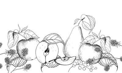 A set of black and white images of fruits and berries on a white background. A hand-drawn drawing.