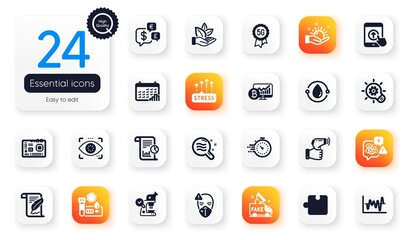 Set of Science flat icons. Sunny weather, Report and Stress elements for web application. Medical mask, Bitcoin chart, Calendar graph icons. Skin condition, Electronic thermometer. Vector