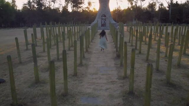 Gothic tower in park of Chapultepec forest Mexico City. Sunset in background with drone aerial view. latin couple in love, model running. Pretty cactus way