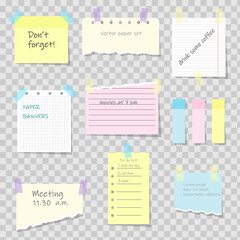 Notes paper sheets attached with adhesive tape. Meeting reminder, to-do list and memo notice, letter on piece of paper, notepad or notebook page with torn sides and stickers 3d realistic vector set - obrazy, fototapety, plakaty