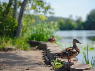 Female mallard duck with in spring lake shore, in city park near river Moskva of estate Arkhangelskoye, Moscow region, Russia
