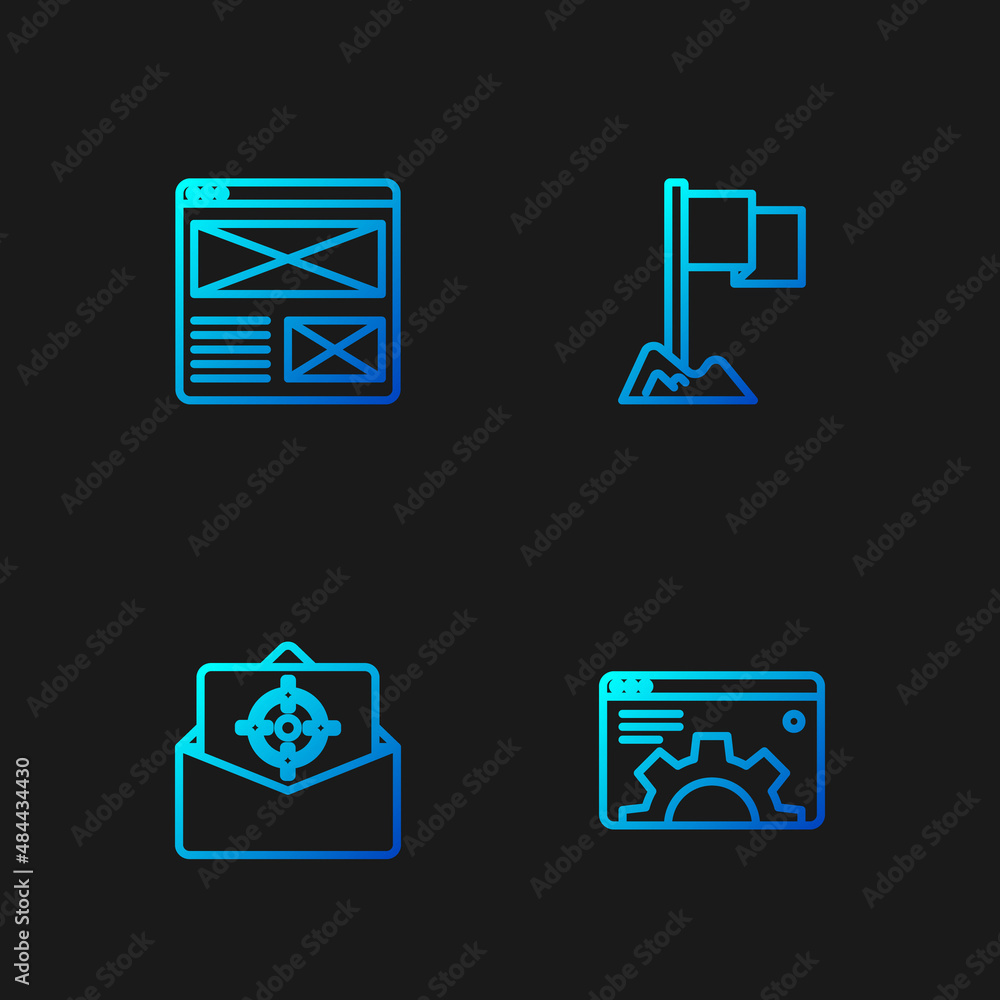 Poster set line browser setting, mail and e-mail, window and location marker. gradient color icons. vector