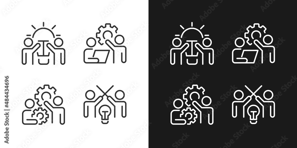 Wall mural successful teamwork pixel perfect linear icons set for dark, light mode. new ideas. coordination and