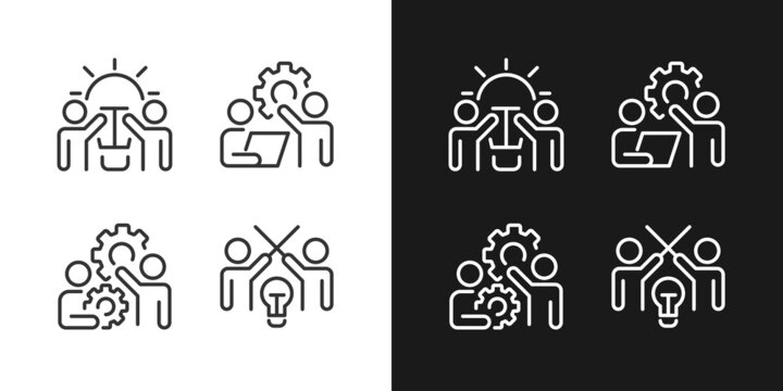 Successful teamwork pixel perfect linear icons set for dark, light mode. New ideas. Coordination and collaboration. Thin line symbols for night, day theme. Isolated illustrations. Editable stroke