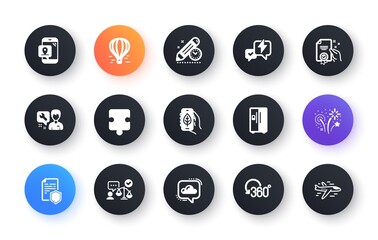 Minimal set of Full rotation, Lawyer and Fireworks flat icons for web development. Data security, Certificate, Ecology app icons. Lightning bolt, Refrigerator, Air balloon web elements. Vector
