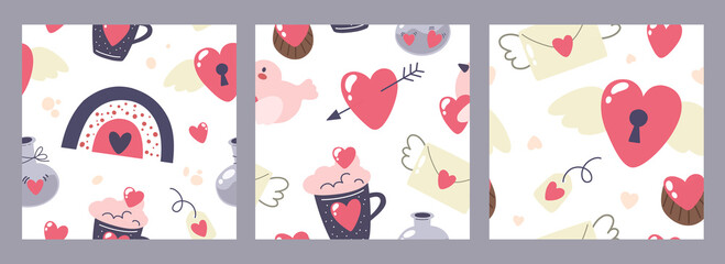 Collection of three seamless patterns Valentine's Day. Abstract trendy vector graphic. 