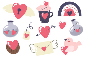 Collection St. Valentine's Day. Hand-drawn hearts and sweets, envelope, birdie, price tag, cake. Vector isolates on white background.