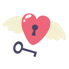 Heart with wings and a key. Vector hand drawn illustration.