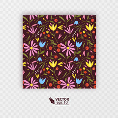 Cute seamless pattern with colorful small flowers. Small flowers on Dark background