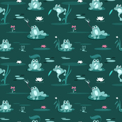 Seamless pattern with funny frogs in the swamp. Cartoon-style illustration. vector.