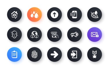 Minimal set of Swipe up, Secure mail and Next flat icons for web development. Health skin, Login, Clipboard icons. Megaphone, Fingerprint, Video conference web elements. Leaf dew. Vector