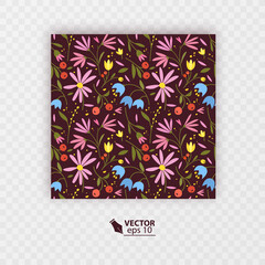 Cute seamless pattern with colorful small flowers. Small flowers on Dark background